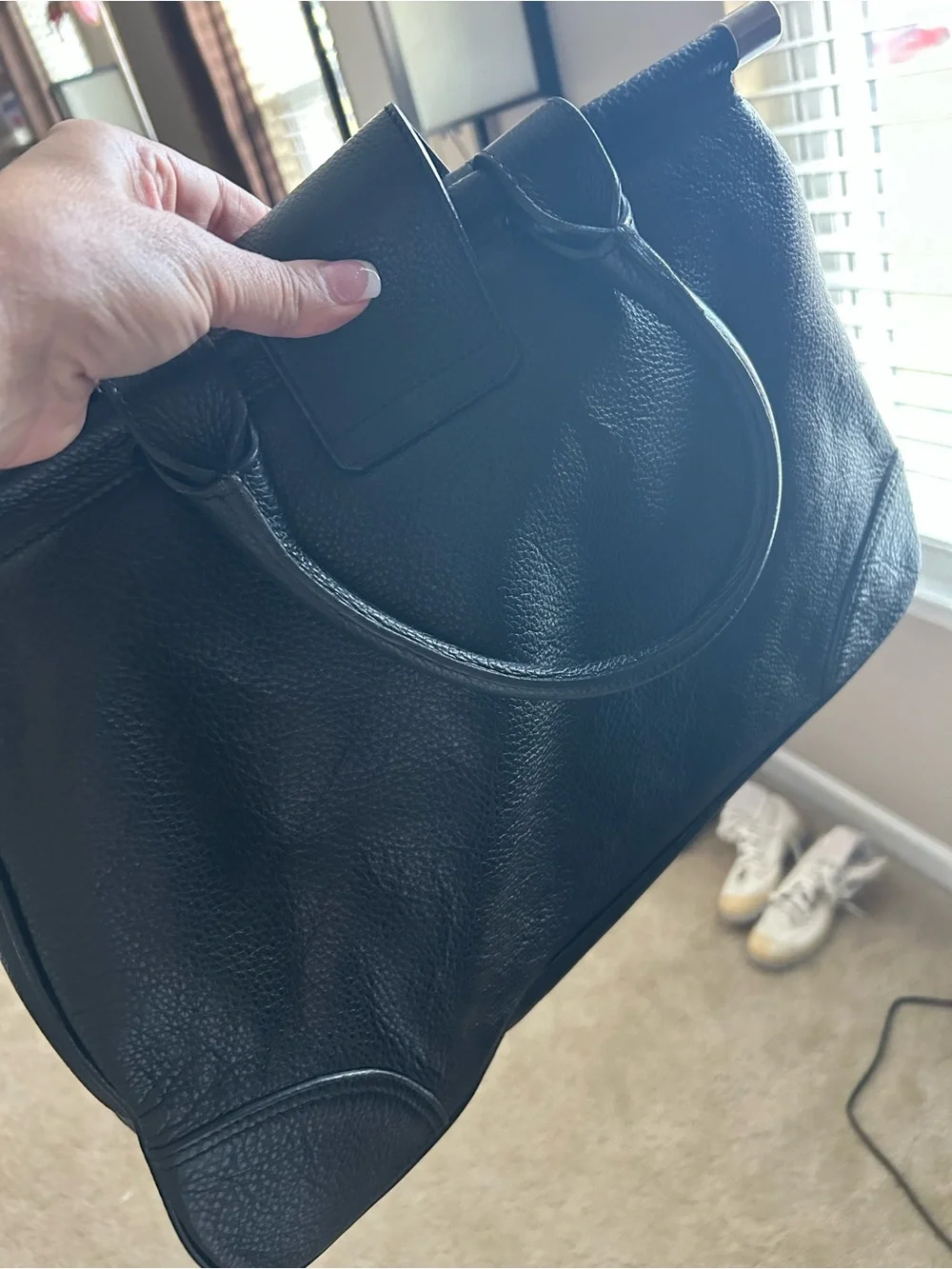Structured Black Leather Satchel with Polished Hardware